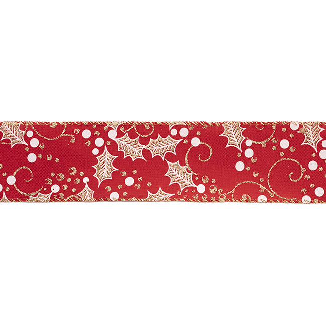 Ribbon Linen Glitter Holly Wire Edge Red (60mmx10m)