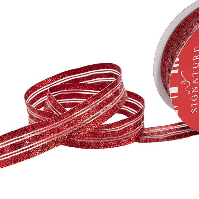 Ribbon Metallic Stripe Wire Edge Red (25mmx20m)