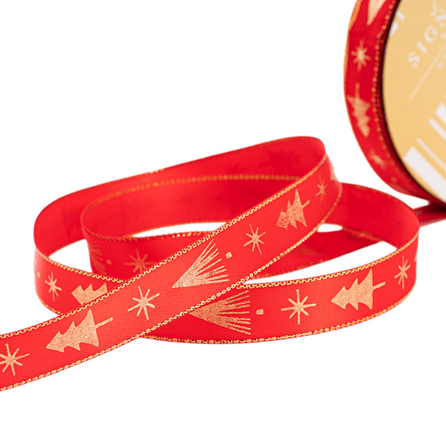 Satin Ribbon Christmas Trees Red Gold Foil (15mmx20m)