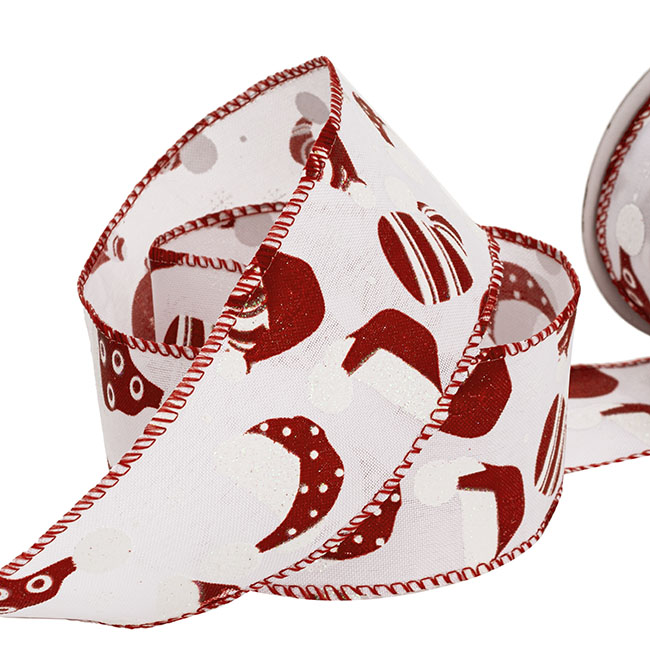 Linen Ribbon Christmas Hats Wire Edge White Red (60mmx10m)