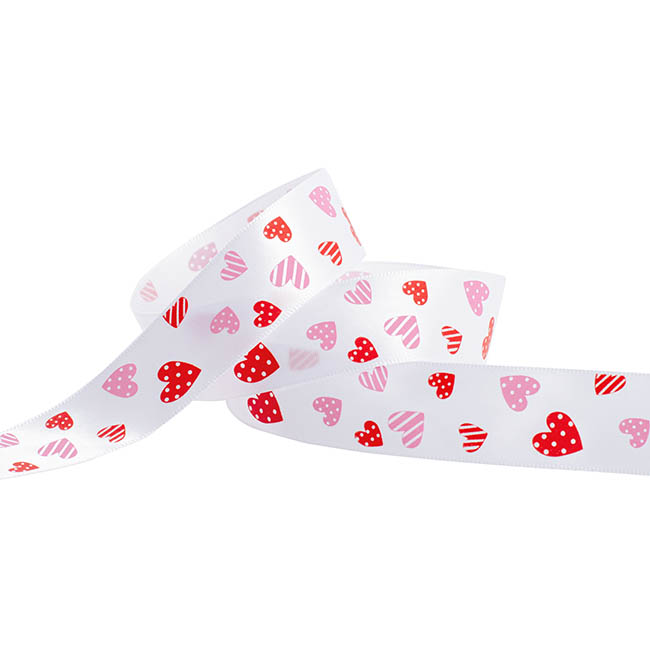 Ribbon Satin White Hearts Red & Pink (25mmx20m)