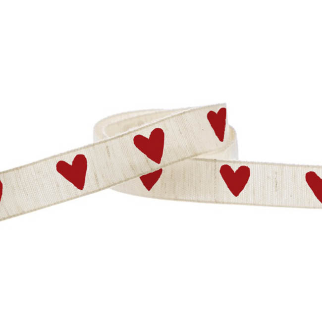 Vintage Cotton Ribbon Heart Beige Red (15mmx10m)