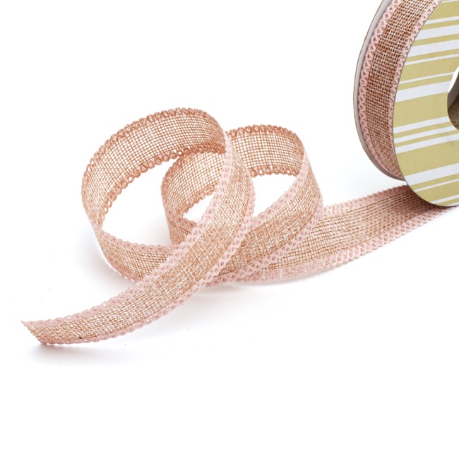 Faux Linen Ribbon with Scalloped Edge Pink (25mmx10m)