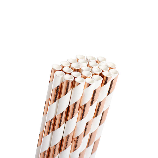 Paper Straws Striped Rose Gold Pack 25 (6mmDx20cmH)