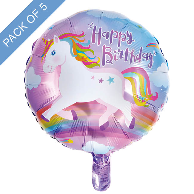 Foil Balloon 18 (45cmD) Pack 5 Round Happy Birthday Unicorn