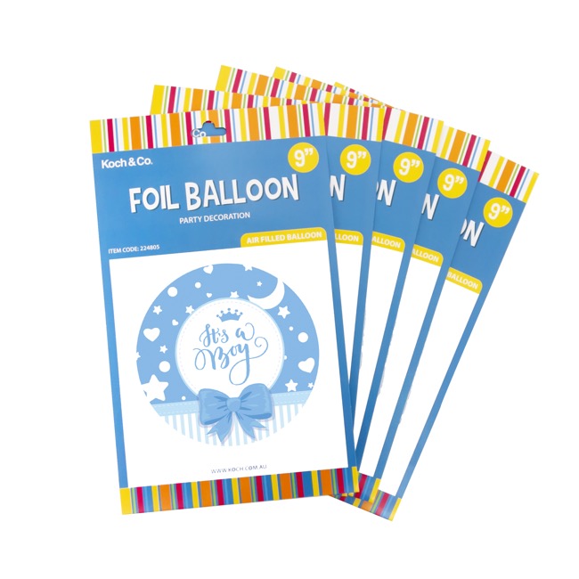 Foil Balloon 9 (22.5cmD) Pack 5 Round Ribbon Its a Boy
