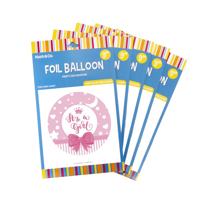 Foil Balloon 9 (22.5cmD) Pack 5 Round Ribbon Its a Girl