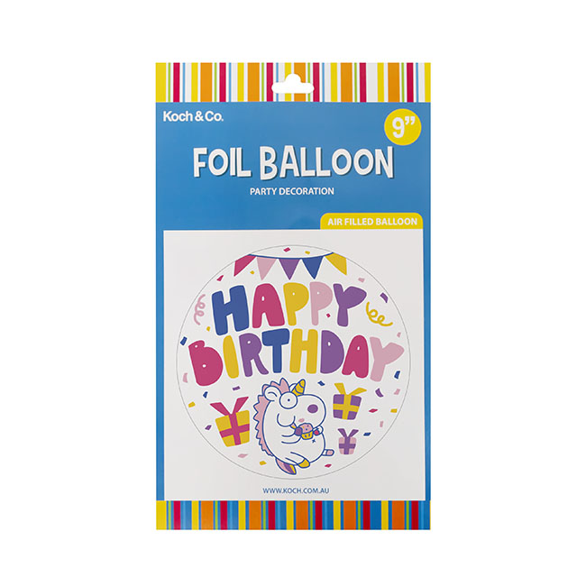Foil Balloon 9 (22.5cmD) Pack 5 Round Happy Bday Unicorn