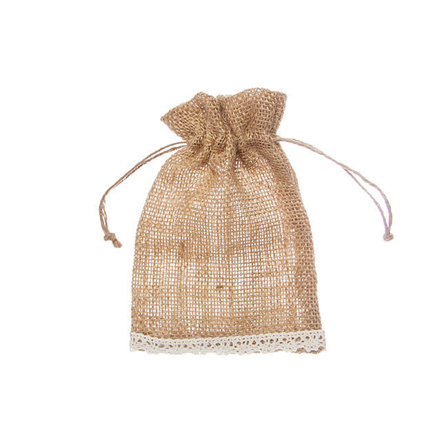 Hessian Pouch Crochet Trim Medium Pack 10 Natural (11x16cmH)