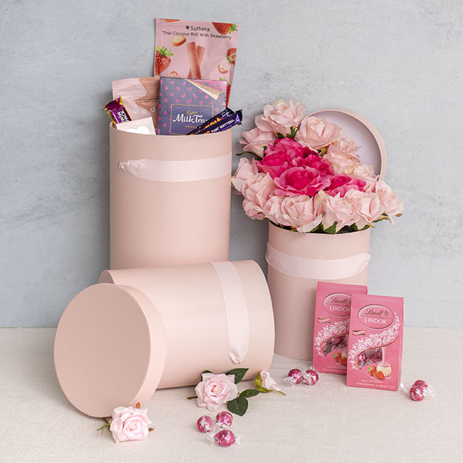 Flower Hat Box with Ribbon Round Set 3 Pink (24.5Dx30cmH)