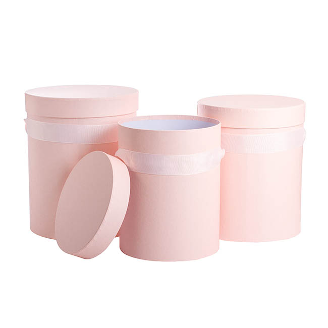 Flower Hat Box with Ribbon Round Set 3 Pink (24.5Dx30cmH)