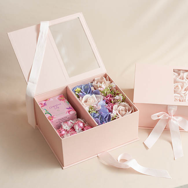 Luxe Gift Flower Box Window Ribbon Set 2 Pink (24x20x11Hcm)
