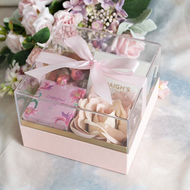 Luxe Gift Box Acrylic Lid and Ribbon Pink Gold (20x20x13Hcm)