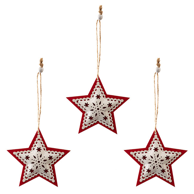 Hanging Metal Star Pack 3 White & Red (11cmD)