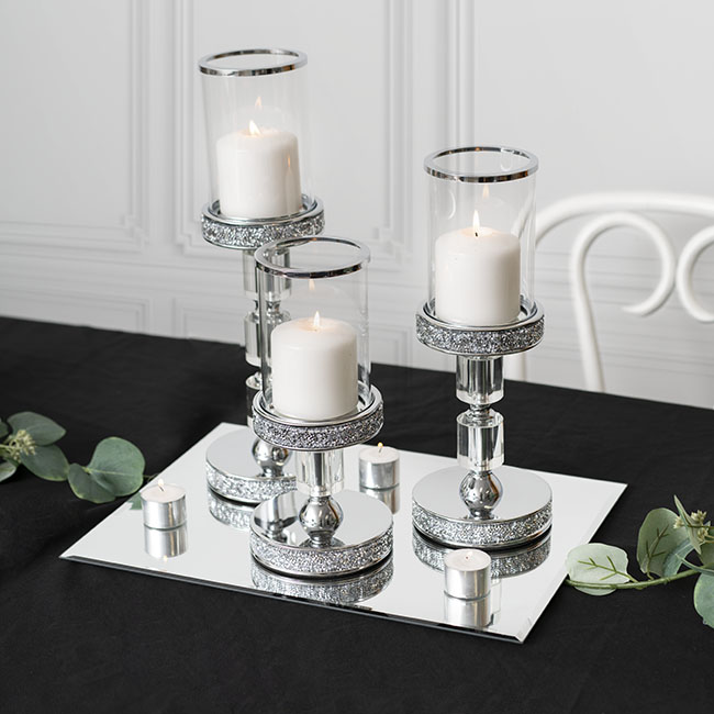 Glass Sleeve Pillar Candle Holder Stand Silver (32cmH)