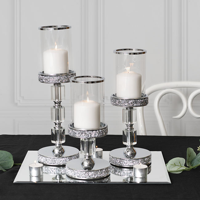 Glass Sleeve Pillar Candle Holder Stand Silver (38cmH)