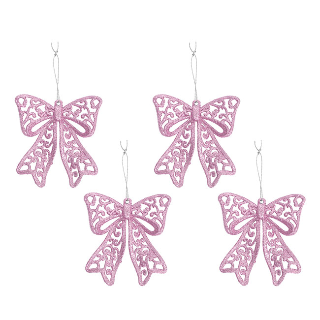 Hanging Swirl Pattern Glitter Xmas Bow Pack 4 Pink (9cmH)