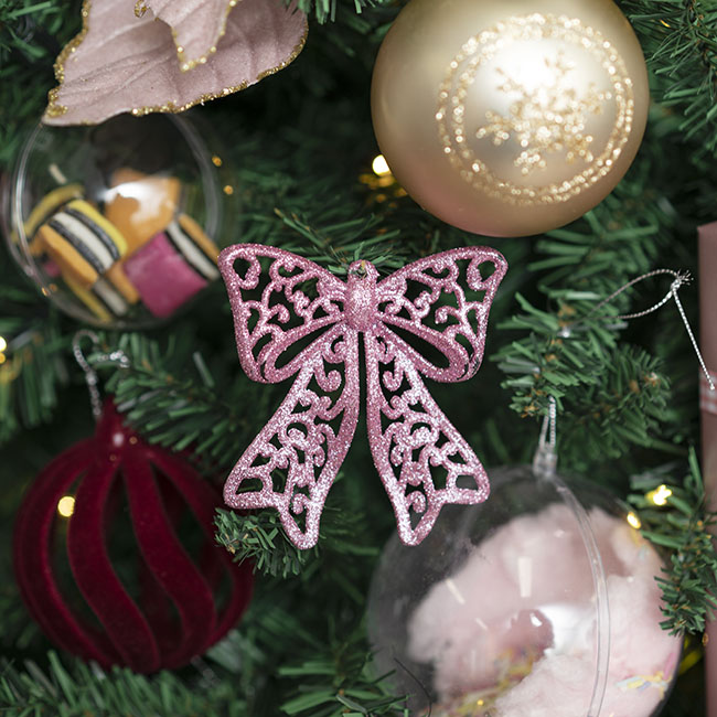 Hanging Swirl Pattern Glitter Xmas Bow Pack 4 Pink (9cmH)