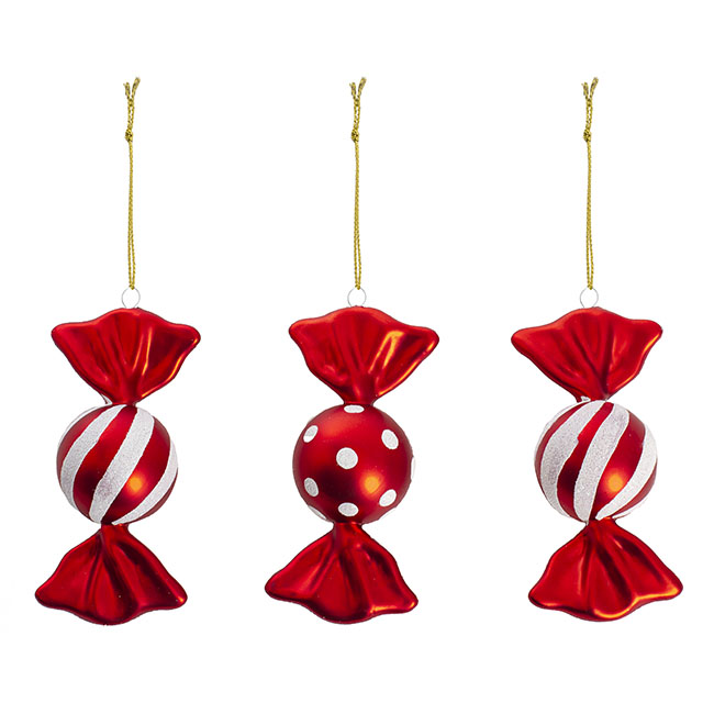 Hanging Christmas Candy Set 3 Red & White (13cmH)