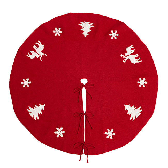Xmas Reindeer & Tree Crochet Tree Skirt Red (102cmD)