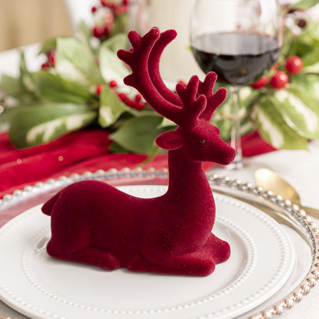 Sitting Flocked Reindeer Burgundy (18x20.5cmH)
