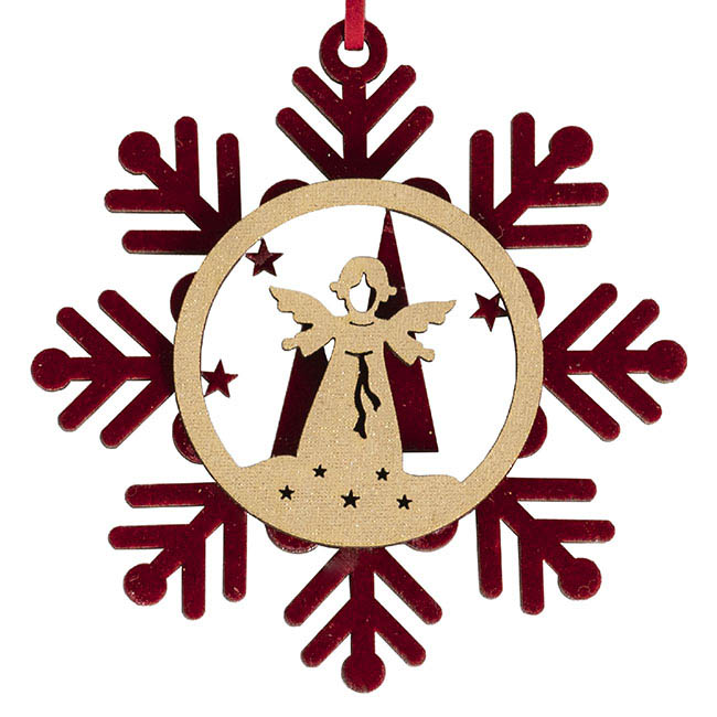 Wooden Hanging Snowflakes Santa & Angel Set 8 Red (8.5x9cm)