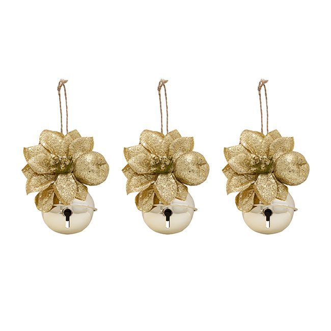 Christmas Hanging Bells w Poinsettia Pack 3 Gold (6cmD)