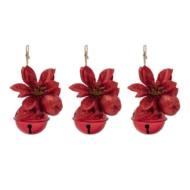 Christmas Hanging Bells w Poinsettia Pack 3 Red (6cmD)