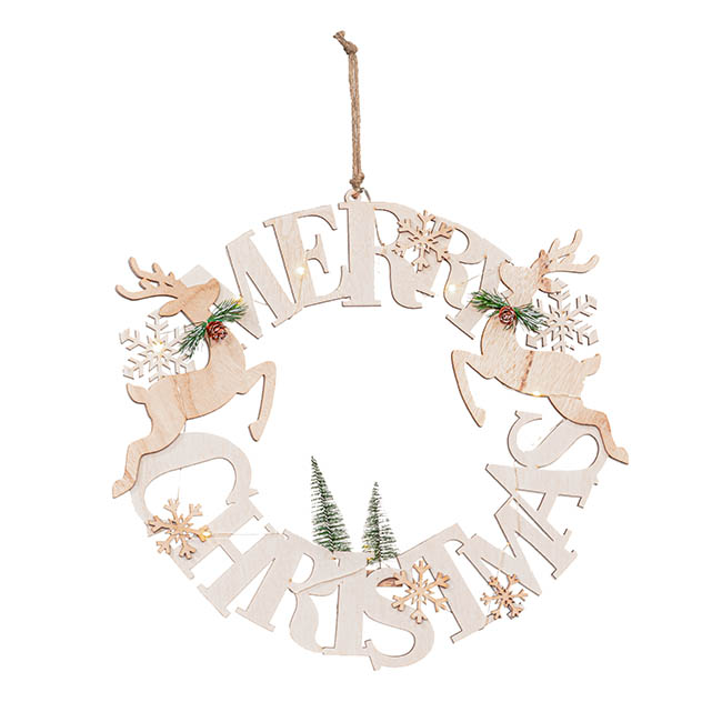 Merry Christmas LED Reindeer Wooden Wreath White (47cmD)