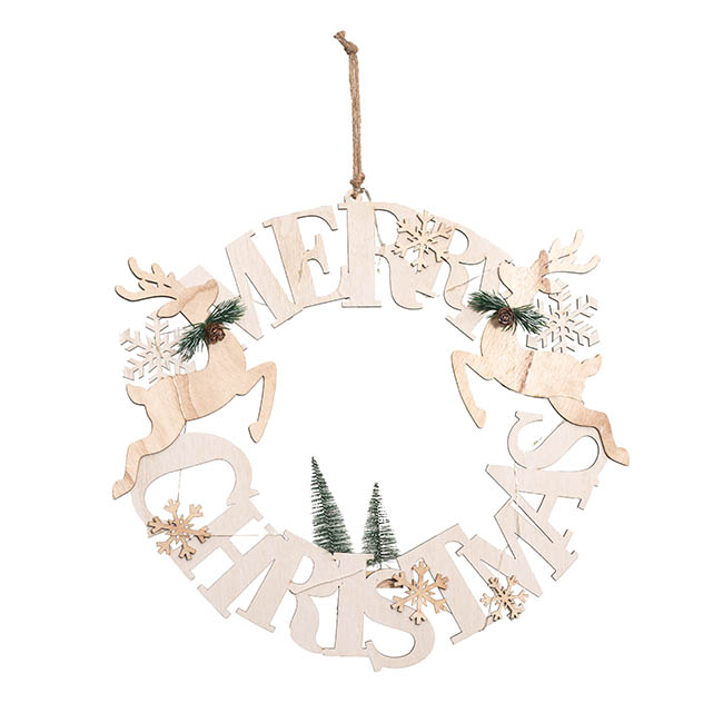 Merry Christmas LED Reindeer Wooden Wreath White (47cmD)