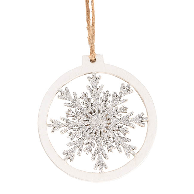 Hanging Wooden Snowflakes Set 8 White & Silver (13cmD)
