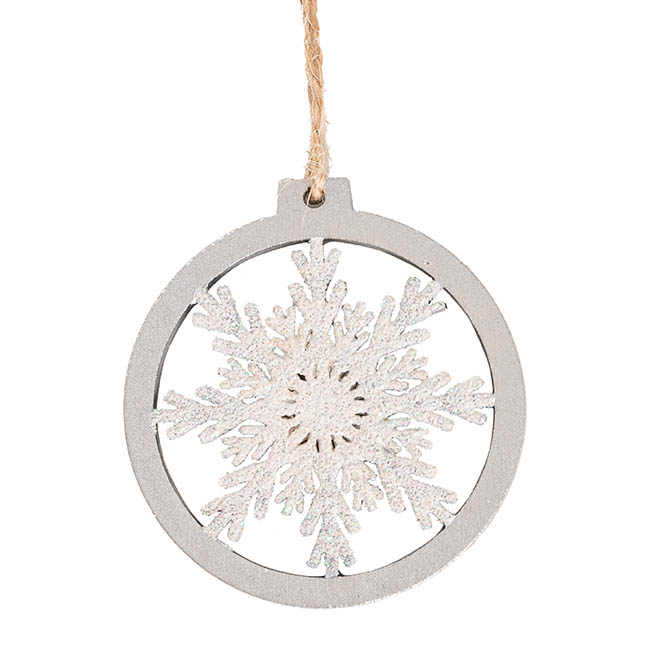 Hanging Wooden Snowflakes Set 8 White & Silver (13cmD)