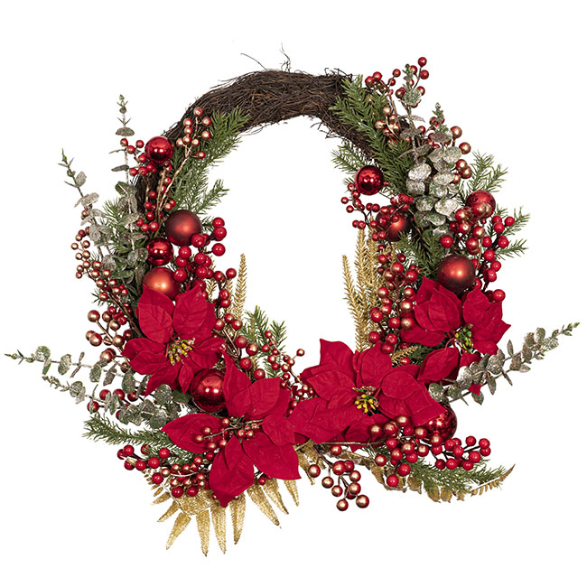 Elegant Poinsettia & Bauble Wreath Red (70cmD)