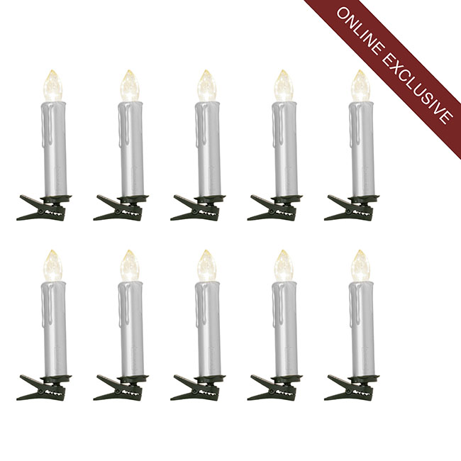 LED Christmas Flickering Candle w Clip Pack10 Silver (10cmH)