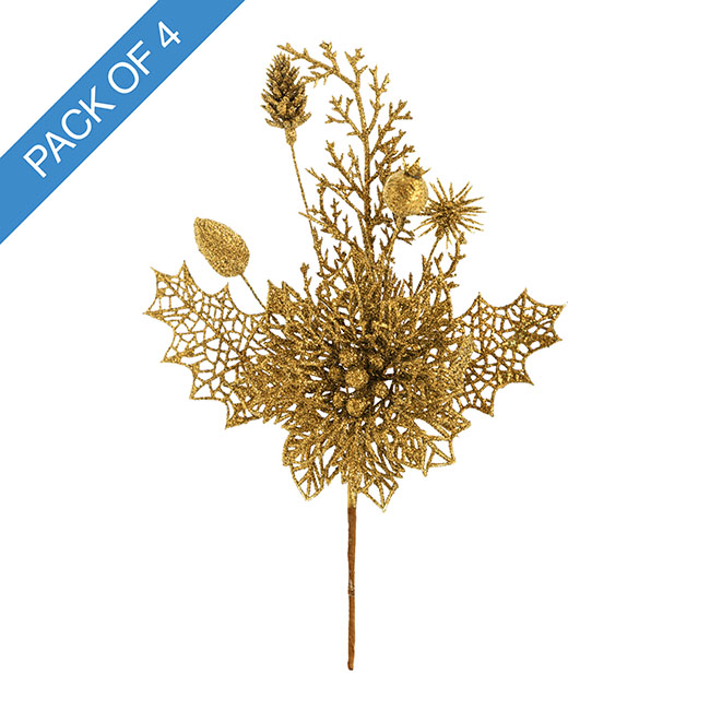 Christmas Poinsettia Glitter Pick Gold Pack 4 (28cmH)