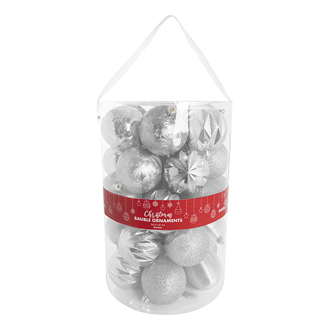 Assorted Hanging Baubles Pack 34 Silver (8cmD)