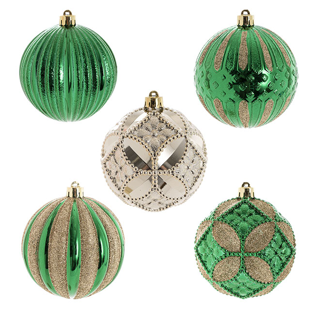Assorted Christmas Baubles Pack 9 Champagne & Green (10cmD)