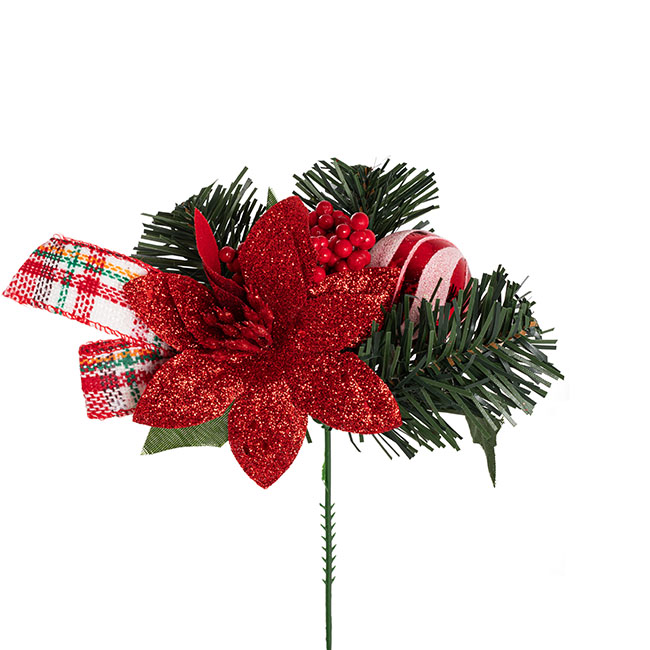 Poinsettia Bauble Ribbon Pick Pack 3 Red (17.5cmH)