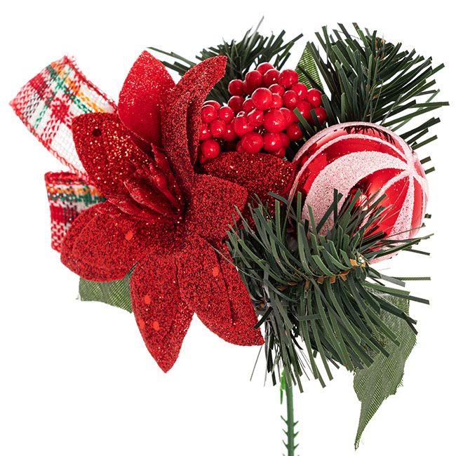 Poinsettia Bauble Ribbon Pick Pack 3 Red (17.5cmH)