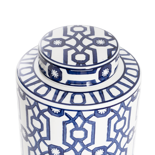 Geometric Orient Porcelain Jar Large White & Blue (17x29cmH)