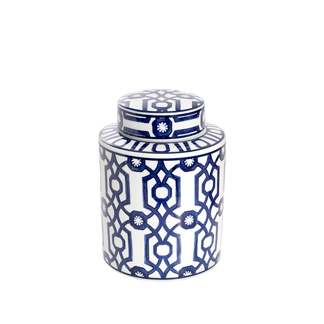Geometric Orient Porcelain Jar White & Blue (15x20mH)