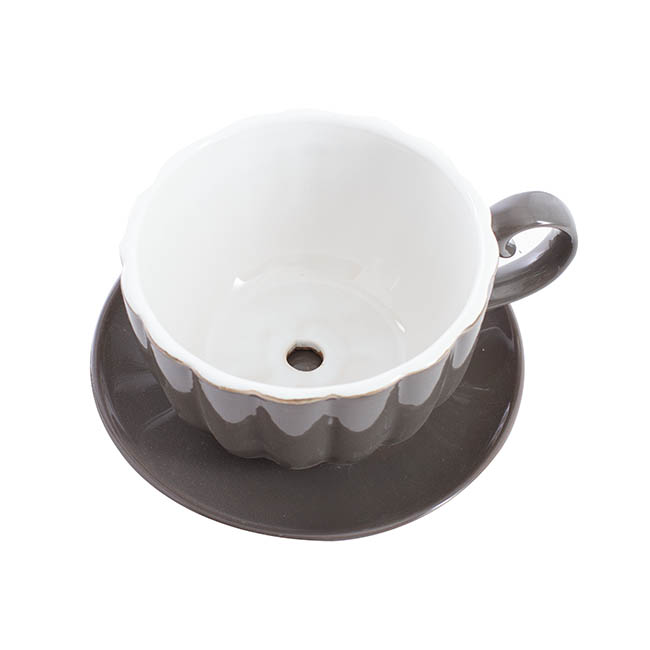 Ceramic Tea Cup Pot Saucer Drain Hole Charcoal (15TDx10cmH)