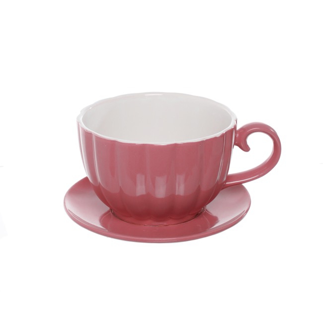 Ceramic Tea Cup Pot Saucer Drainage Hole Pink (15TDx10cmH)