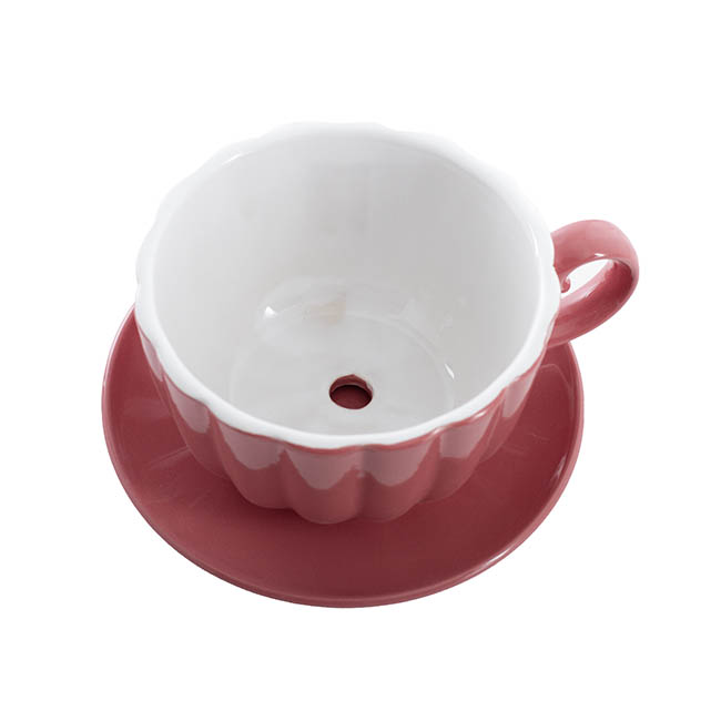 Ceramic Tea Cup Pot Saucer Drainage Hole Pink (15Dx10cmH)