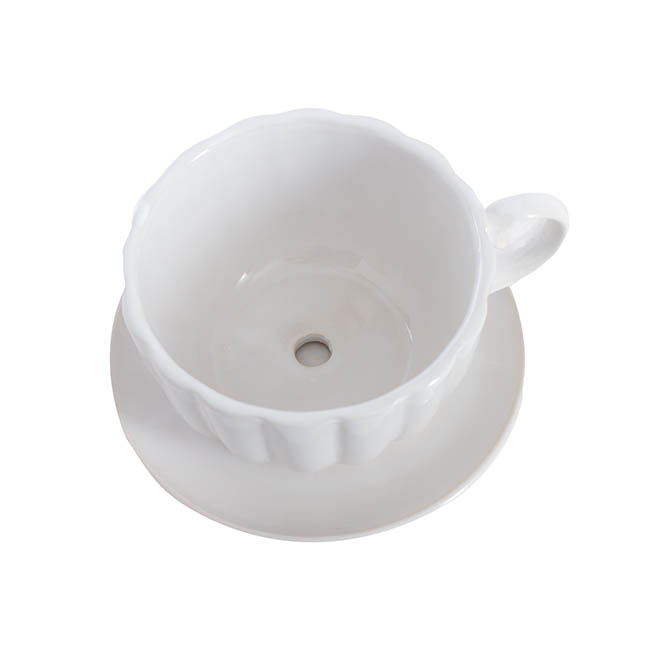 Ceramic Tea Cup Pot Saucer Drainage Hole White (15TDx10cmH)