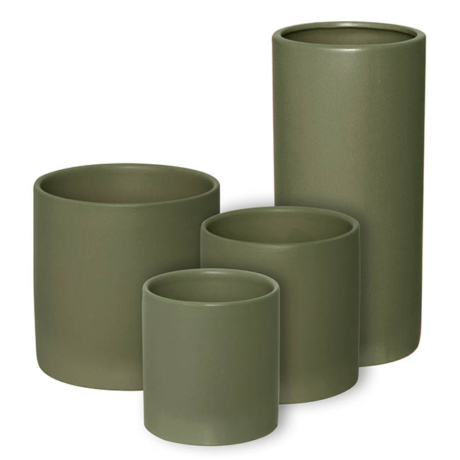 Ceramic Cylinder Pot Satin Matte Moss (14x14cmH)