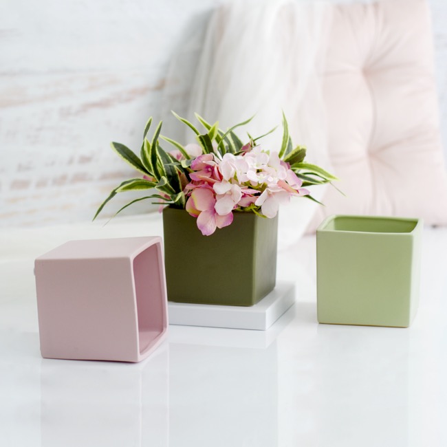 Ceramic Cube Pot Satin Matte Soft Pink (12x12x12cmH)