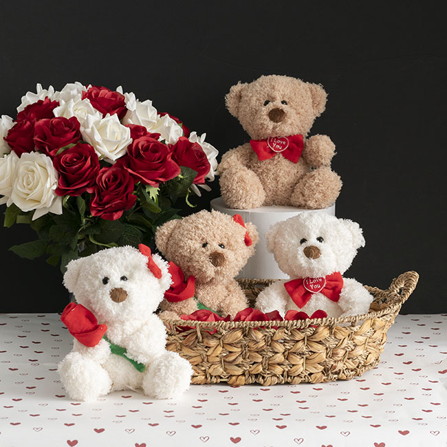Mrs Teddy Bear w Red Rose Brown (20cmST)