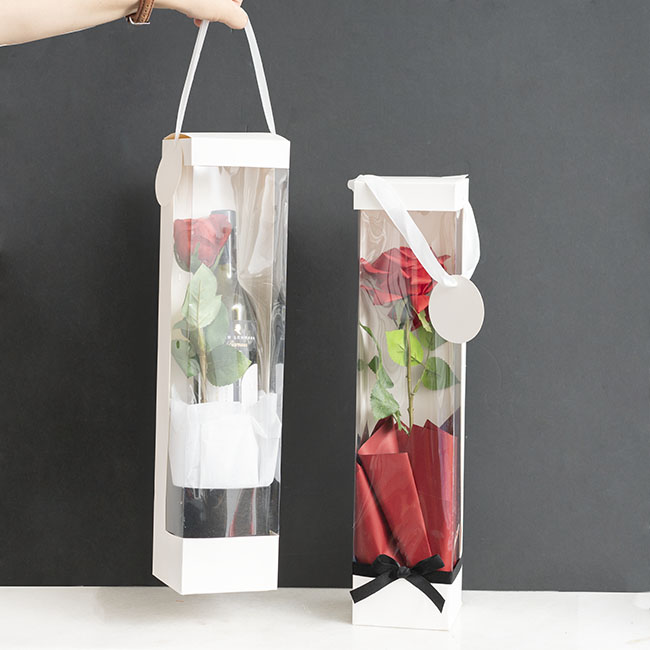 Single Rose Carry Box with Window White Pk5(11.5x11.5x51cmH)