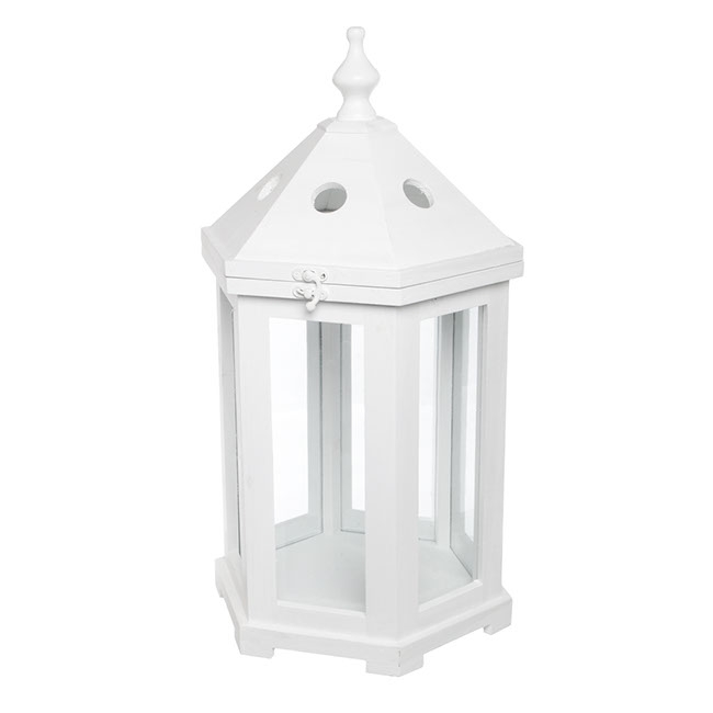 Lantern Wooden Tudor Round White (25x29x50cmH)
